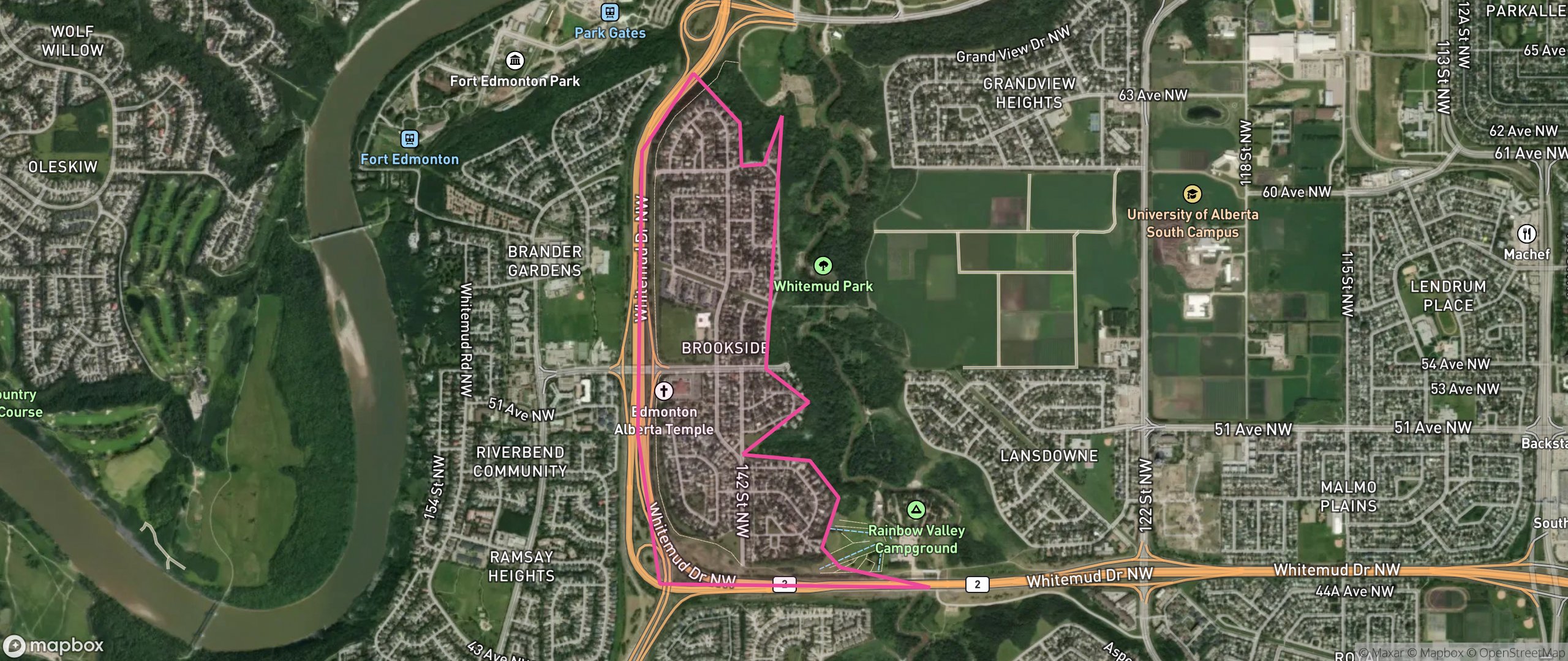 Map of Brookside, Edmonton showing the community boundary