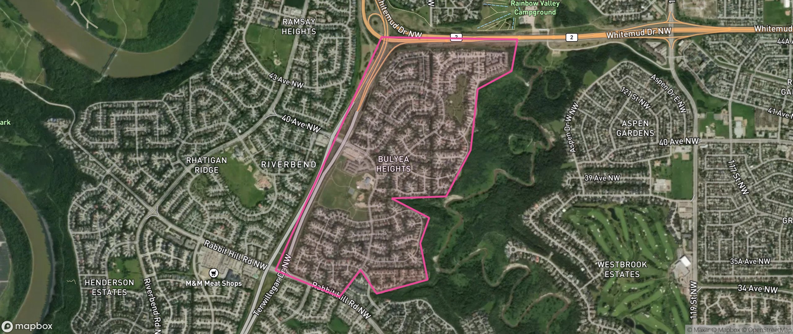 Map of Bulyea Heights, Edmonton showing the community boundary