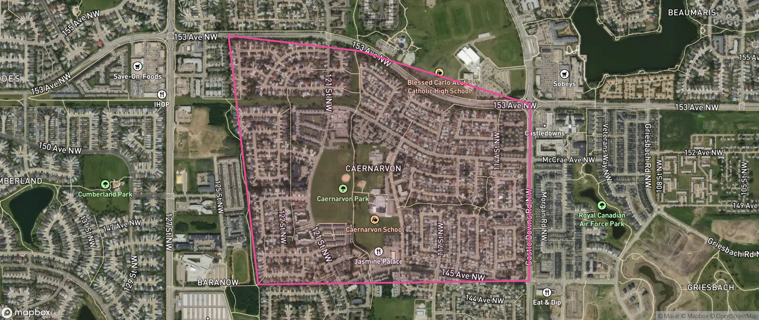 Map of Caernarvon, Edmonton showing the community boundary