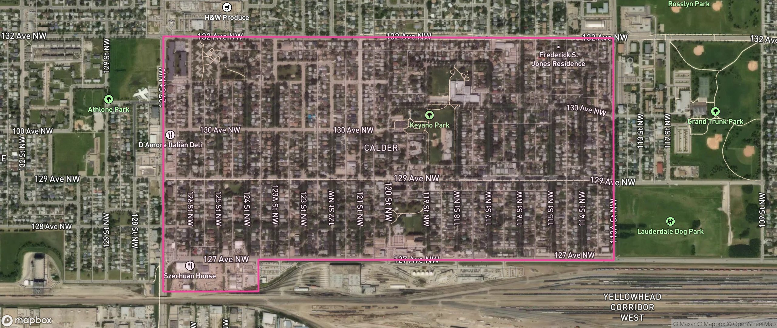 Map of Calder, Edmonton showing the community boundary