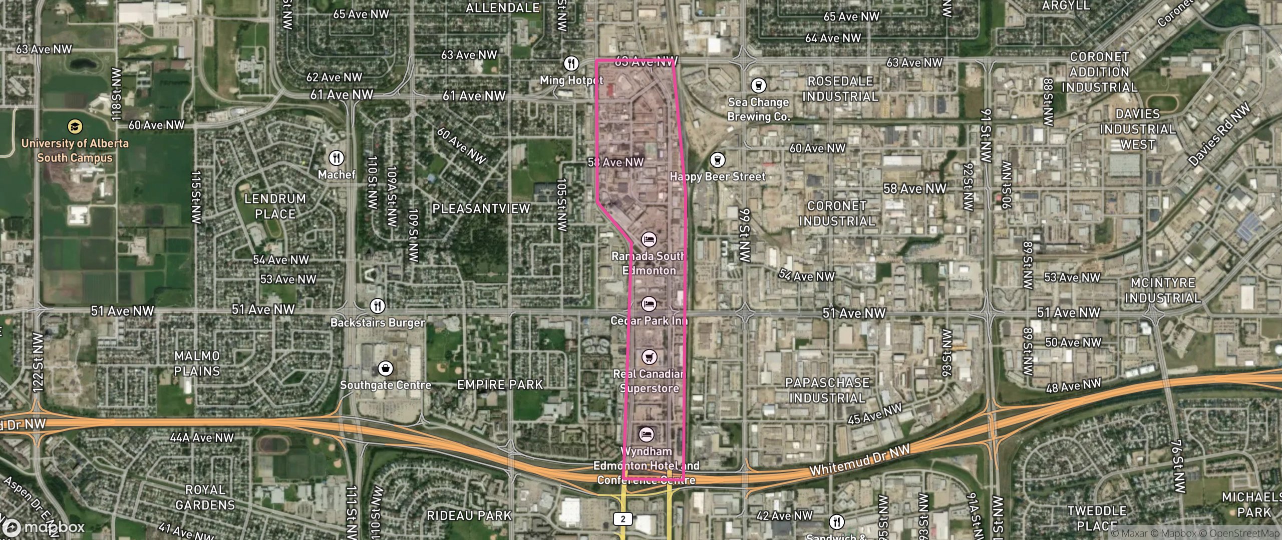 Map of Calgary Trail North, Edmonton showing the community boundary