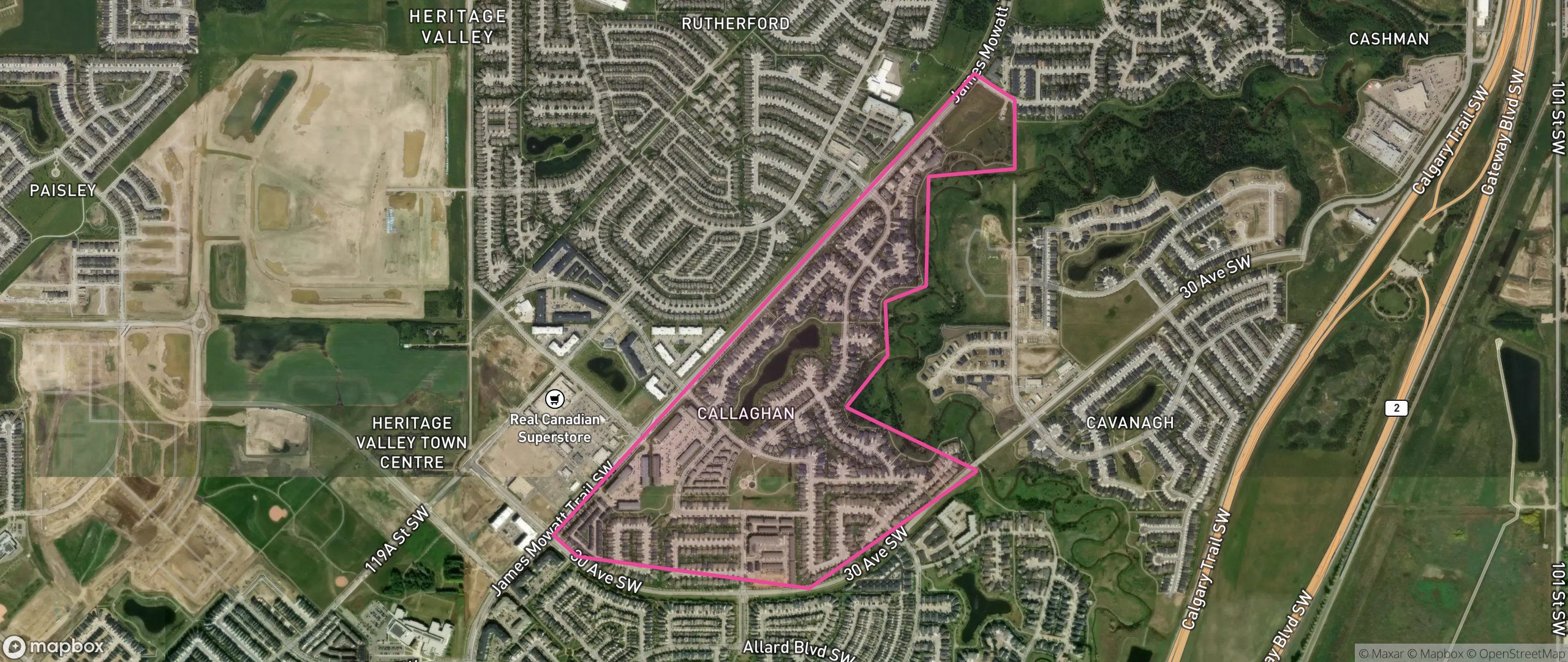 Map of Callaghan, Edmonton showing the community boundary