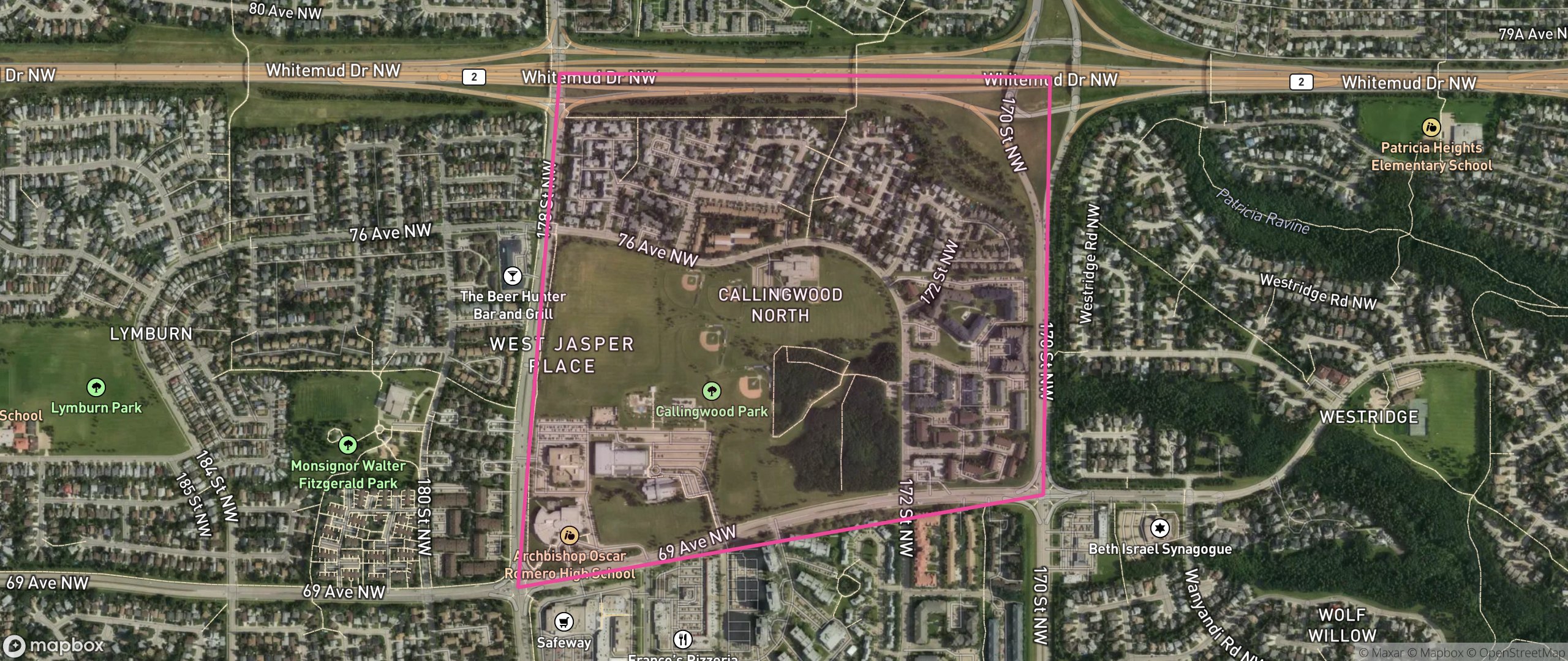 Map of Callingwood North, Edmonton showing the community boundary