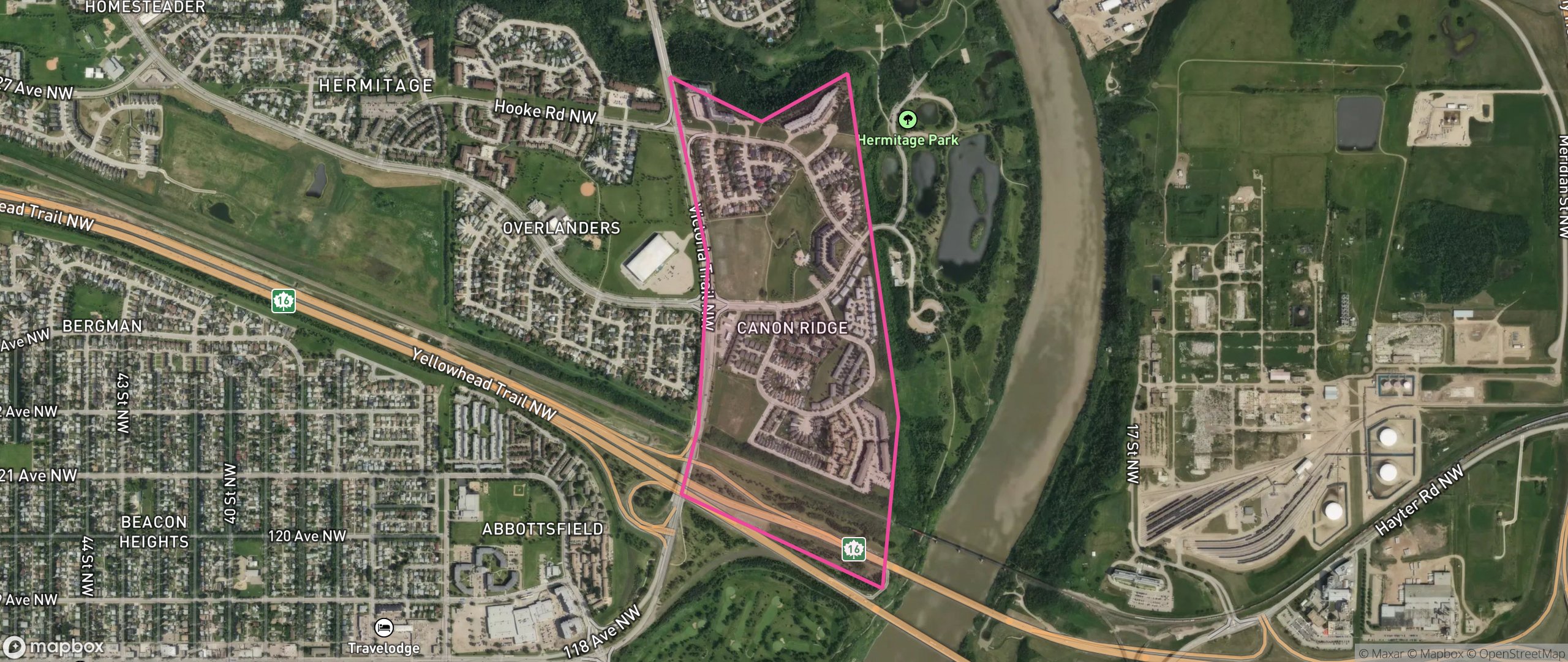 Map of Canon Ridge, Edmonton showing the community boundary