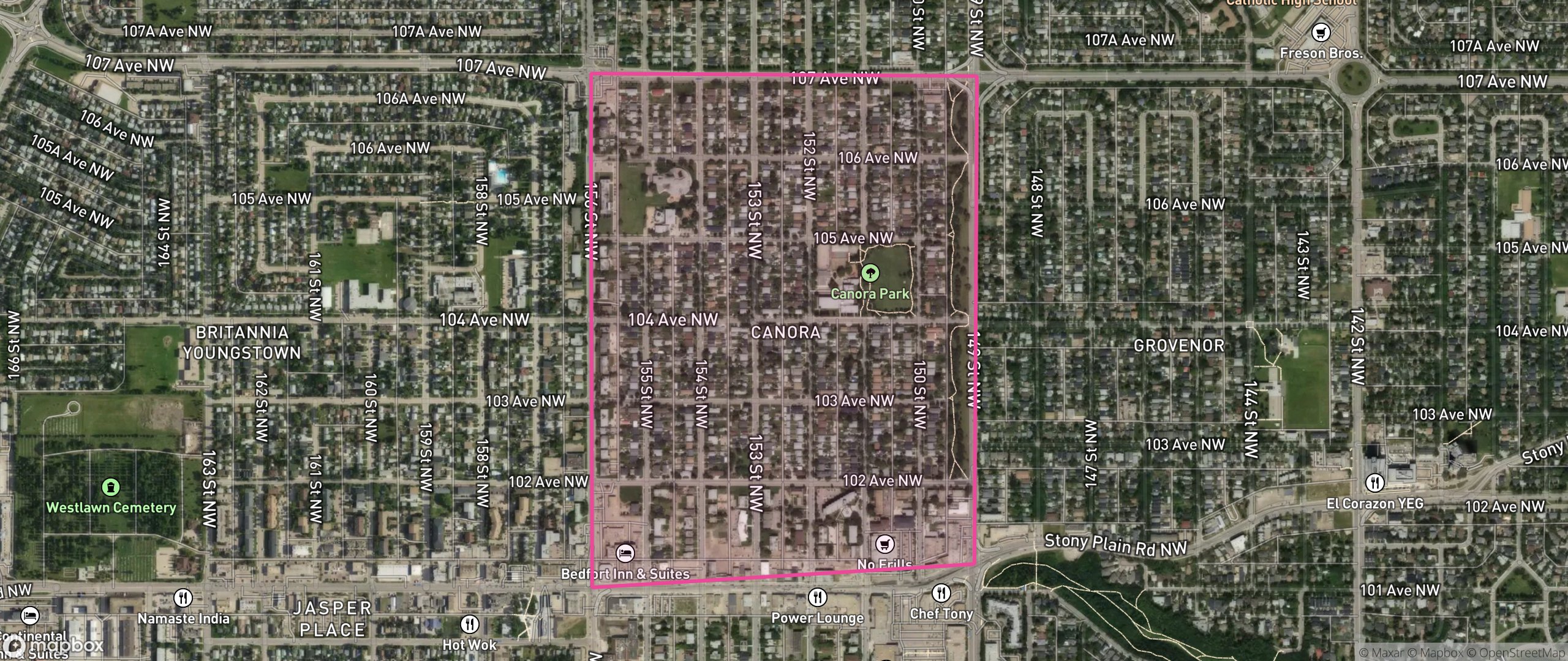 Map of Canora, Edmonton showing the community boundary