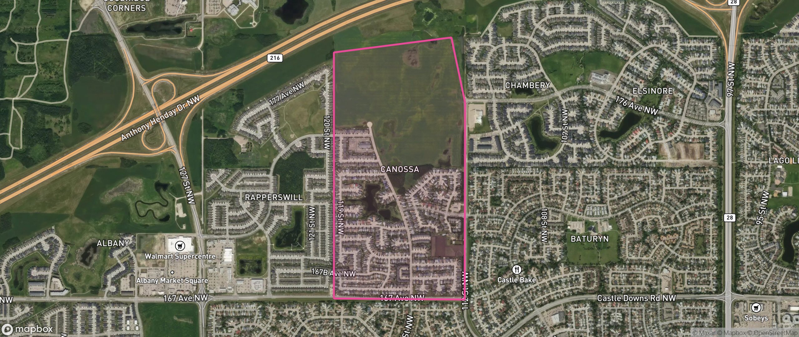 Map of Canossa, Edmonton showing the community boundary