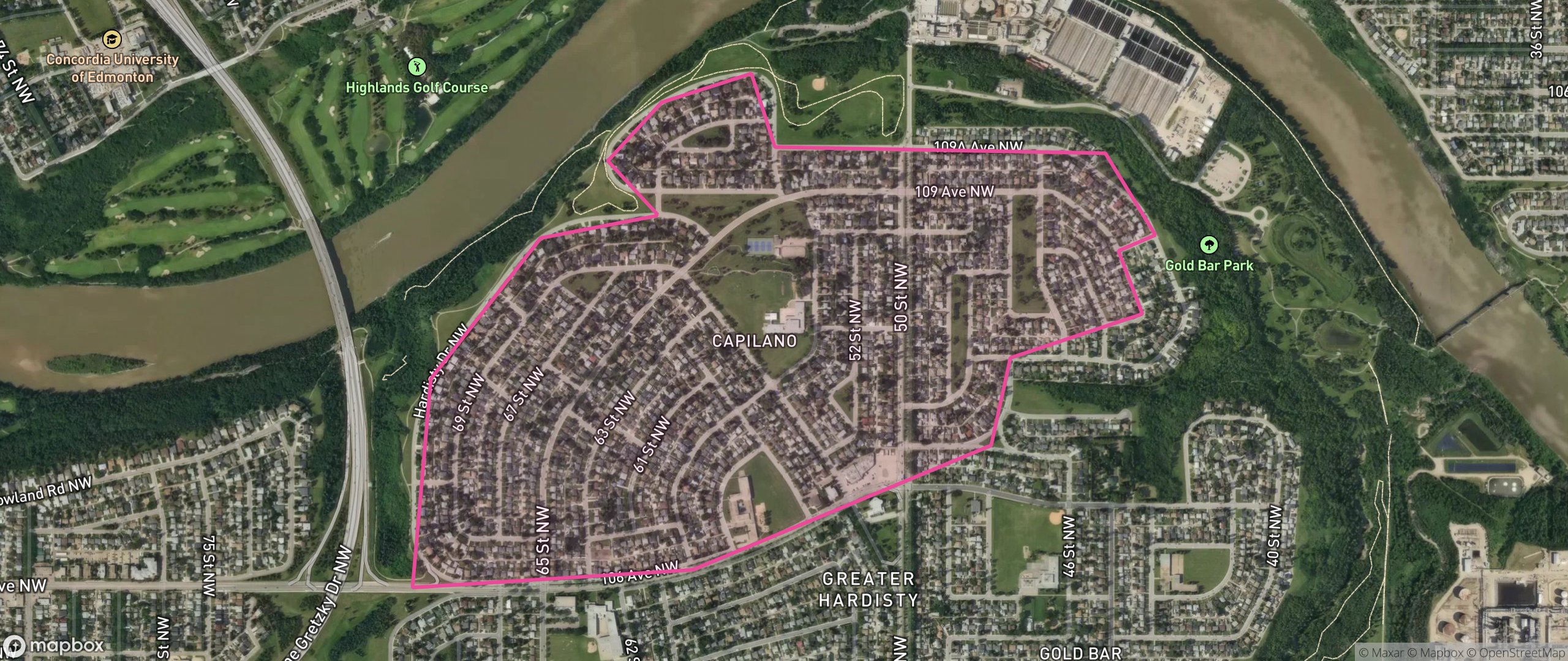 Map of Capilano, Edmonton showing the community boundary