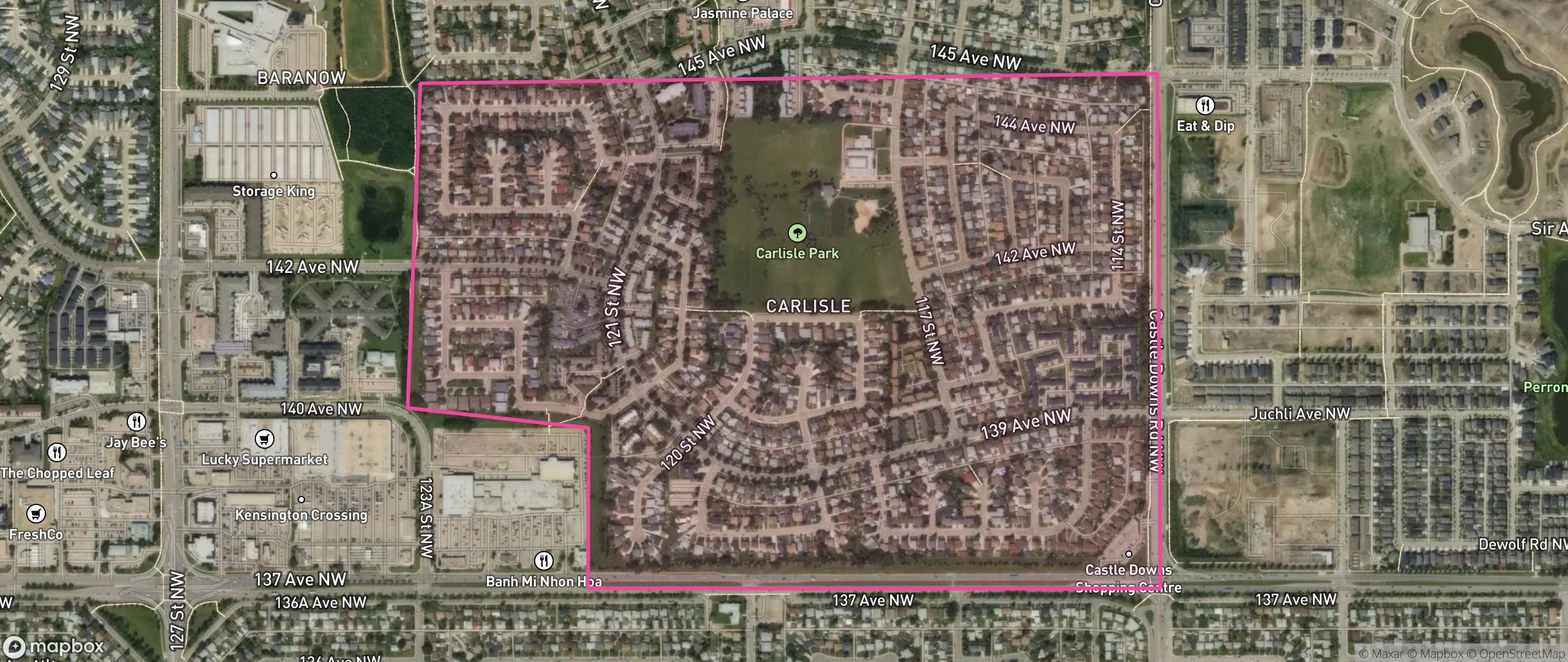 Map of Carlisle, Edmonton showing the community boundary