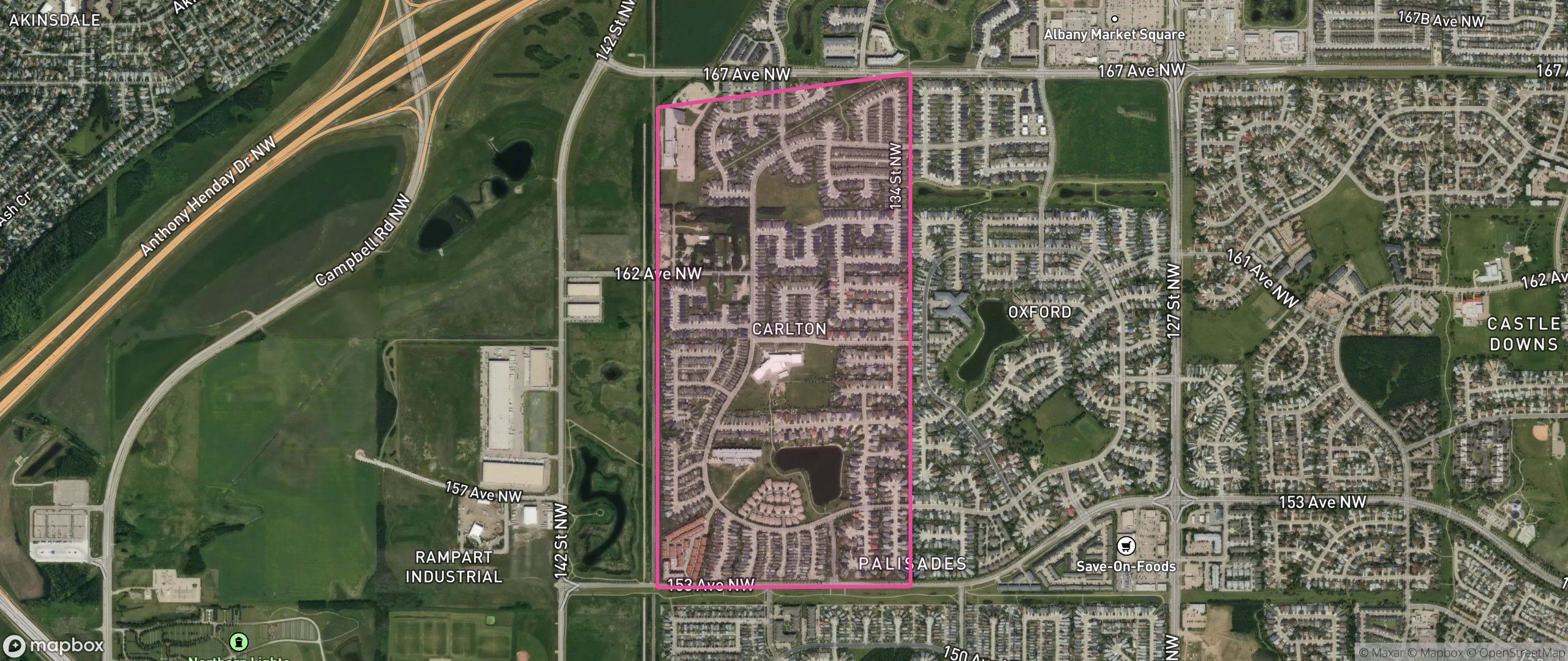 Map of Carlton, Edmonton showing the community boundary