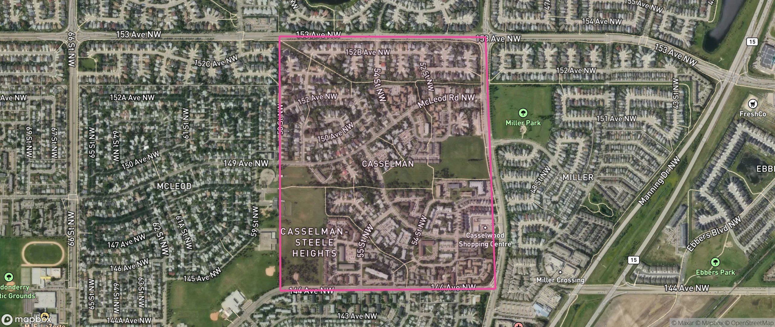 Map of Casselman, Edmonton showing the community boundary