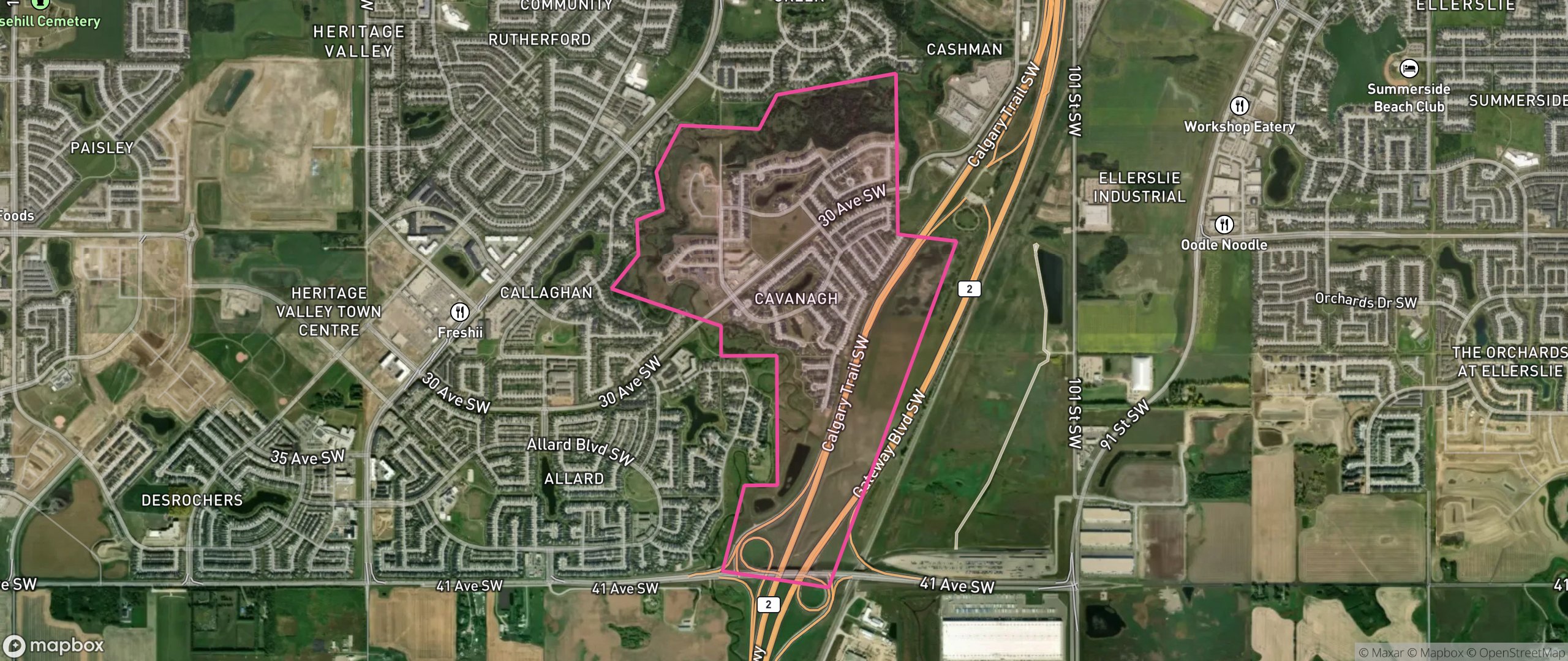 Map of Cavanagh, Edmonton showing the community boundary