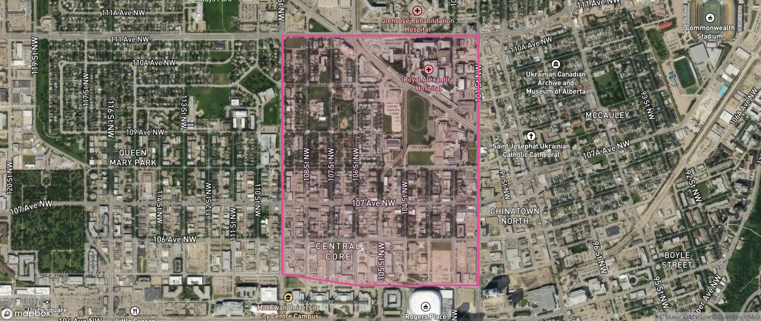 Map of Central McDougall, Edmonton showing the community boundary