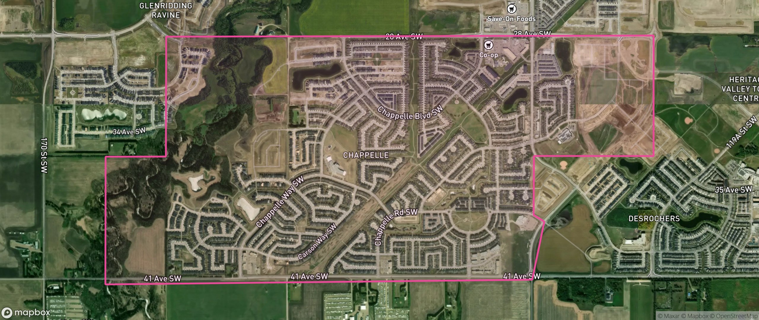 Map of Chappelle Area, Edmonton showing the community boundary