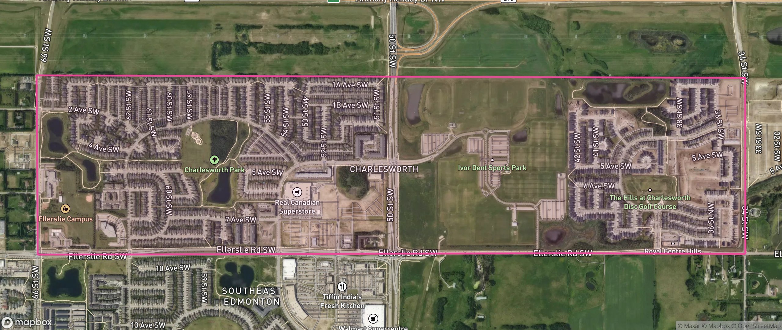 Map of Charlesworth, Edmonton showing the community boundary