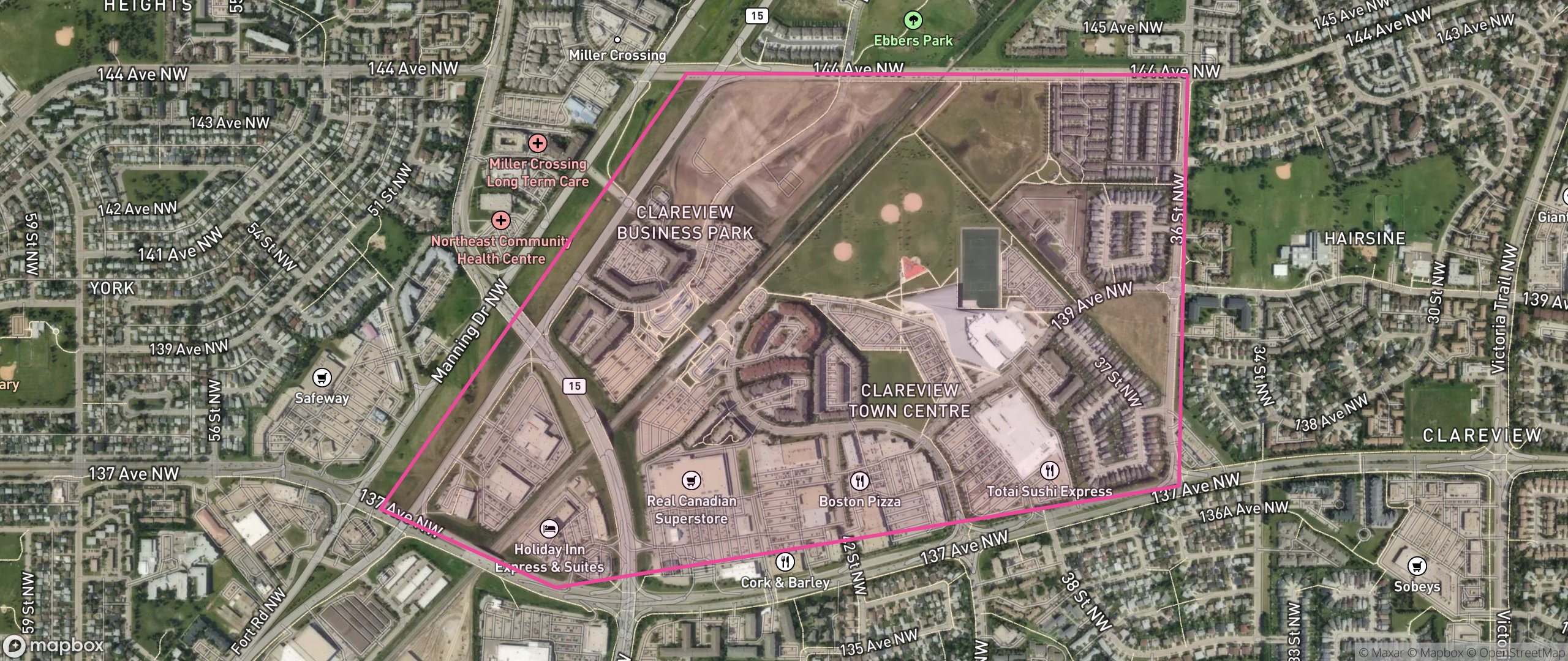Map of Clareview Town Centre, Edmonton showing the community boundary