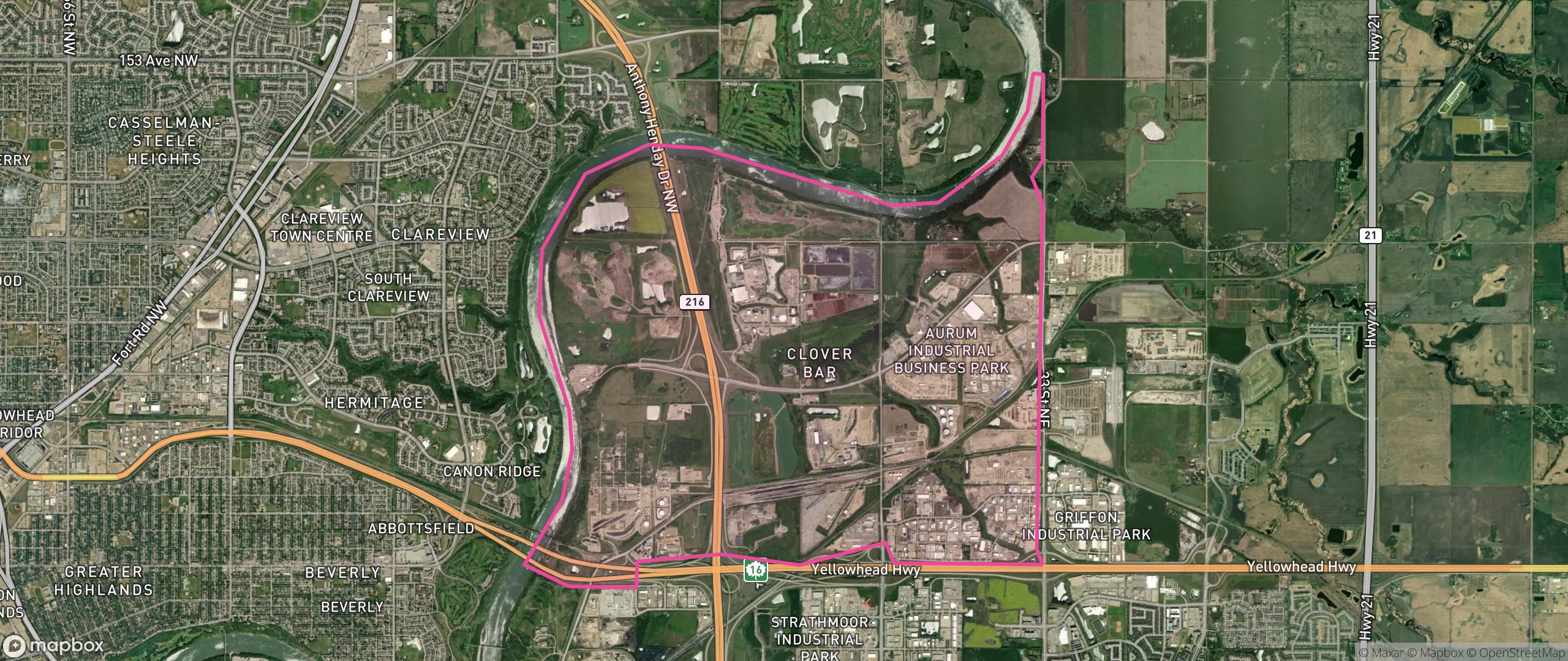 Map of Clover Bar Area, Edmonton showing the community boundary