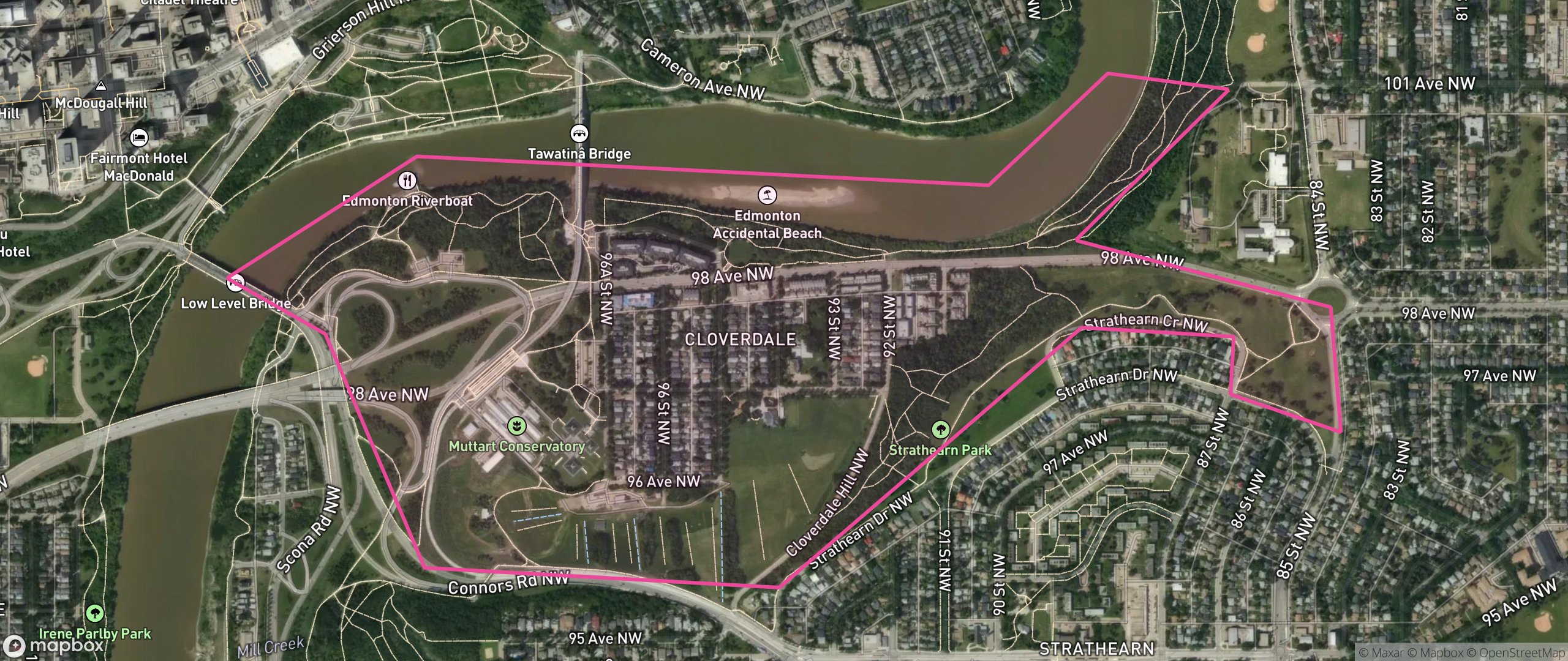 Map of Cloverdale, Edmonton showing the community boundary