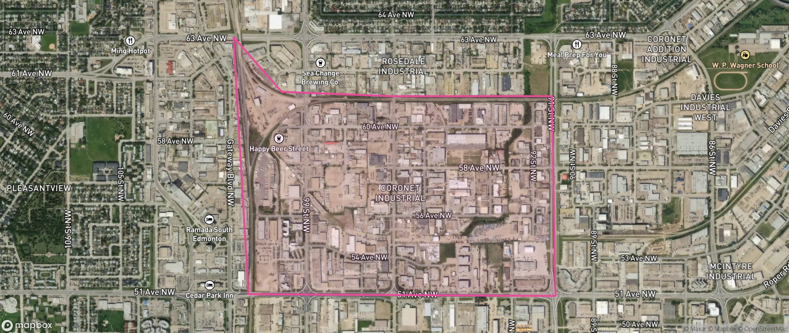 Map of Coronet Industrial, Edmonton showing the community boundary