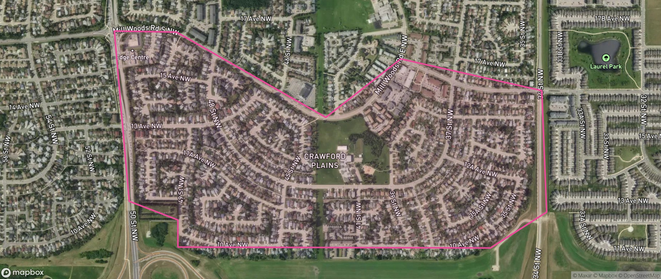 Map of Crawford Plains, Edmonton showing the community boundary