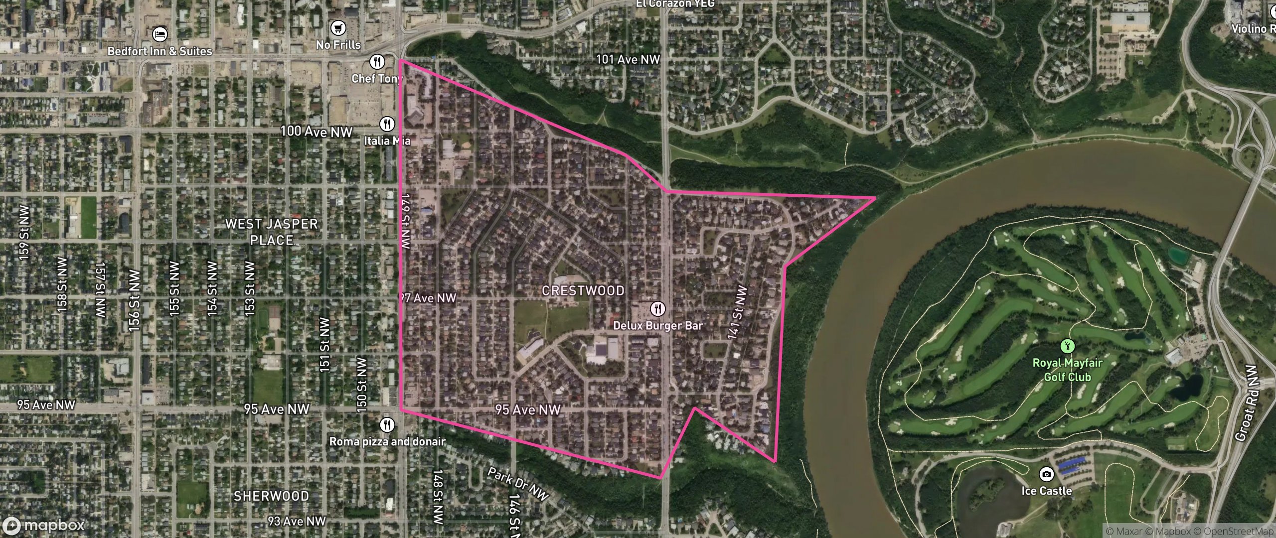 Map of Crestwood, Edmonton showing the community boundary
