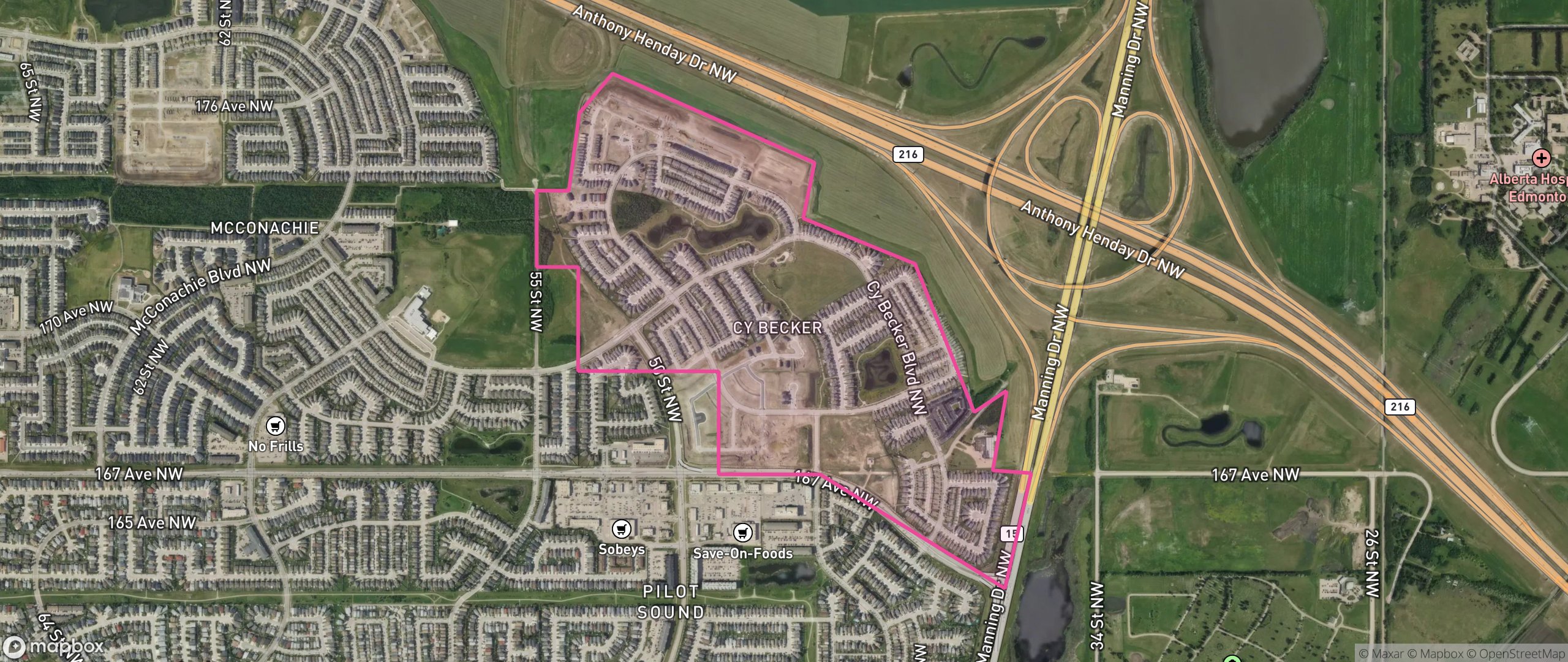 Map of Cy Becker, Edmonton showing the community boundary