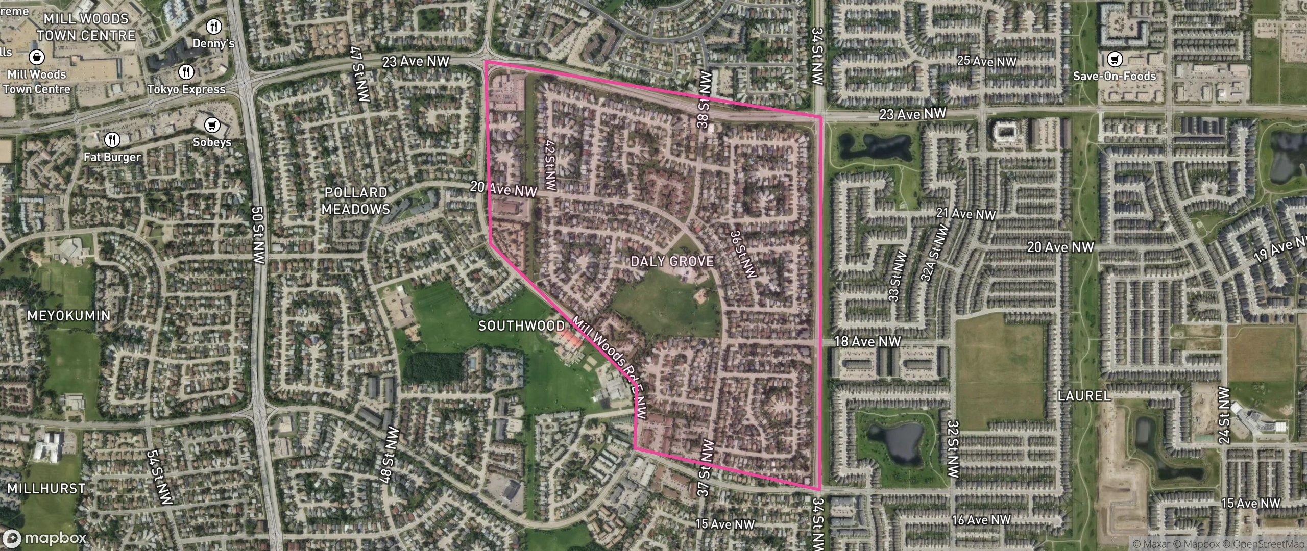 Map of Daly Grove, Edmonton showing the community boundary