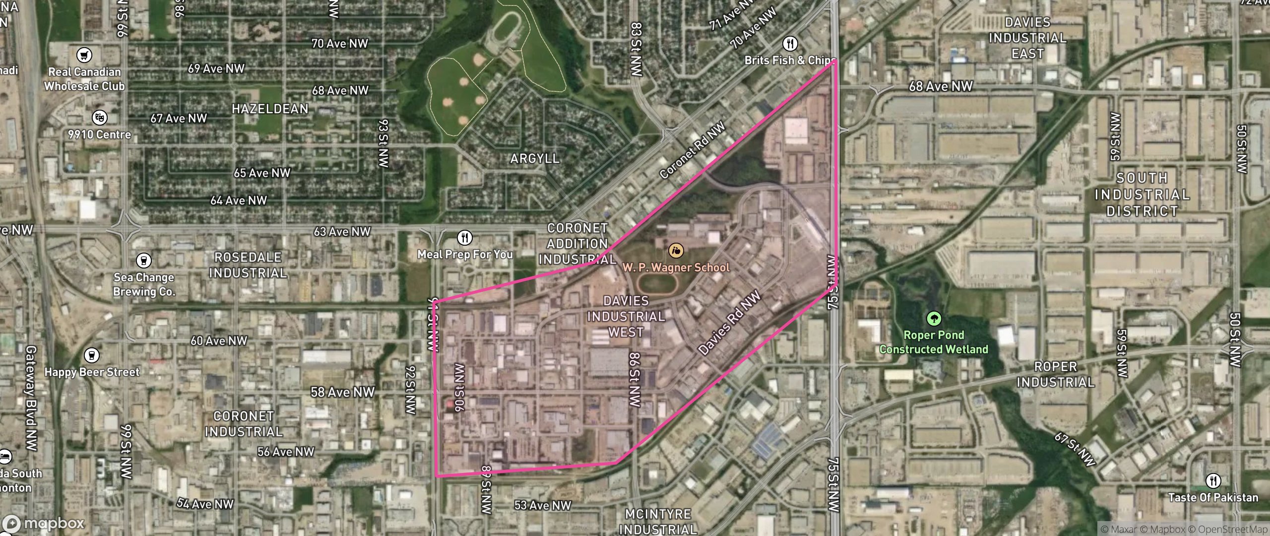 Map of Davies Industrial West, Edmonton showing the community boundary