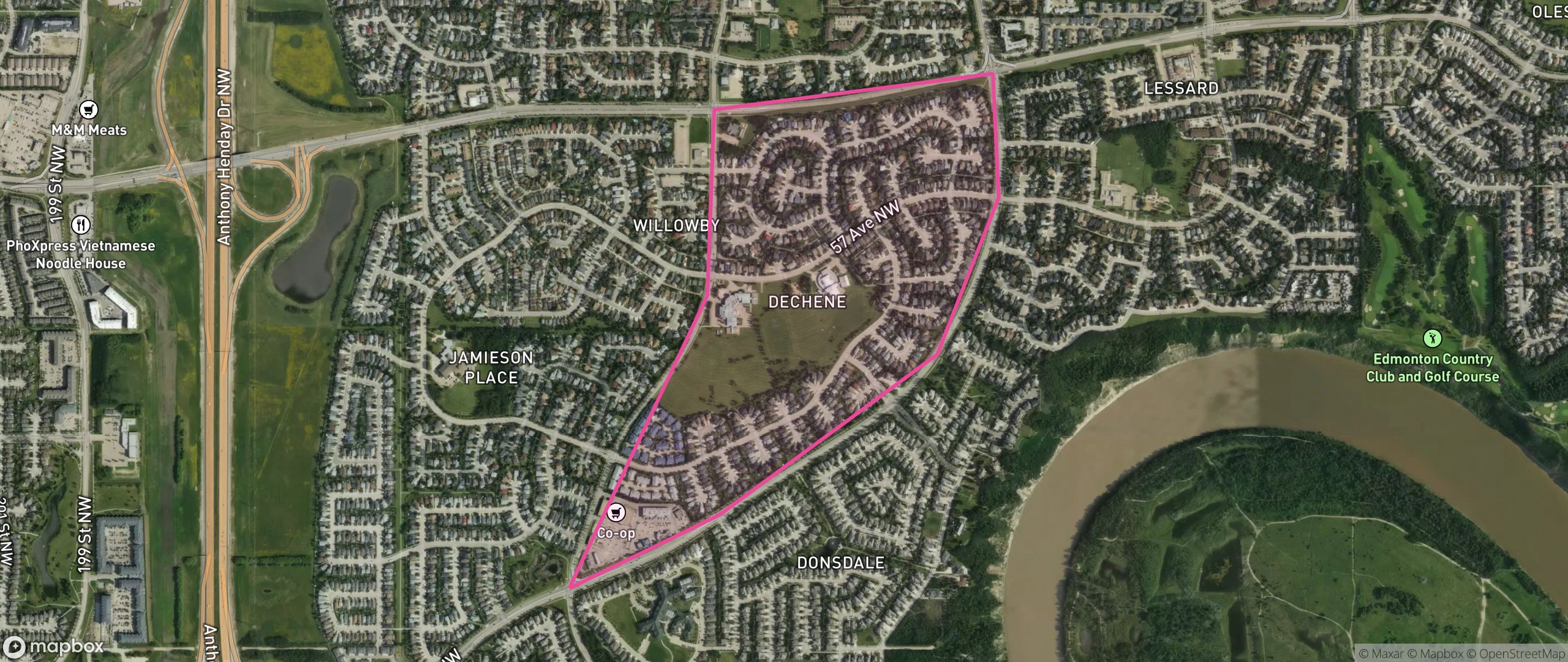 Map of Dechene, Edmonton showing the community boundary