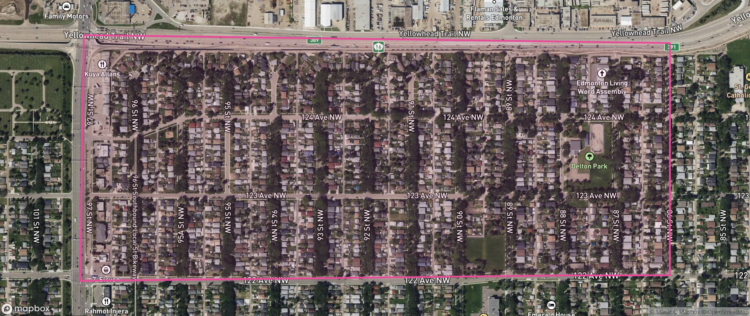 Map of Delton, Edmonton showing the community boundary
