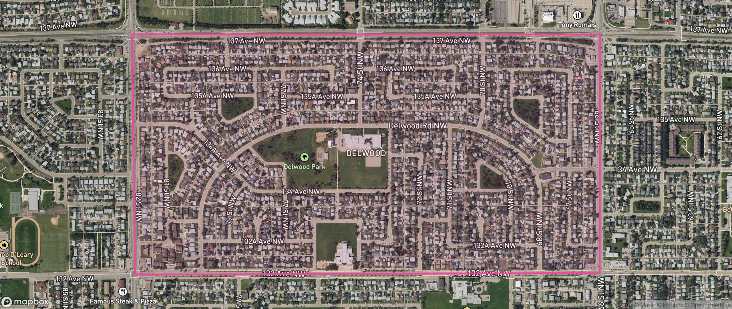 Map of Delwood, Edmonton showing the community boundary