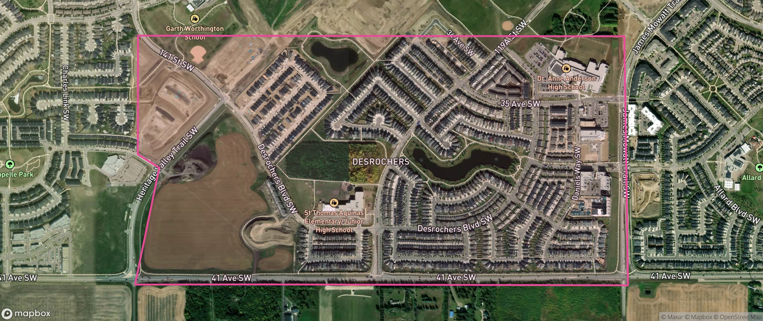 Map of Desrochers Area, Edmonton showing the community boundary