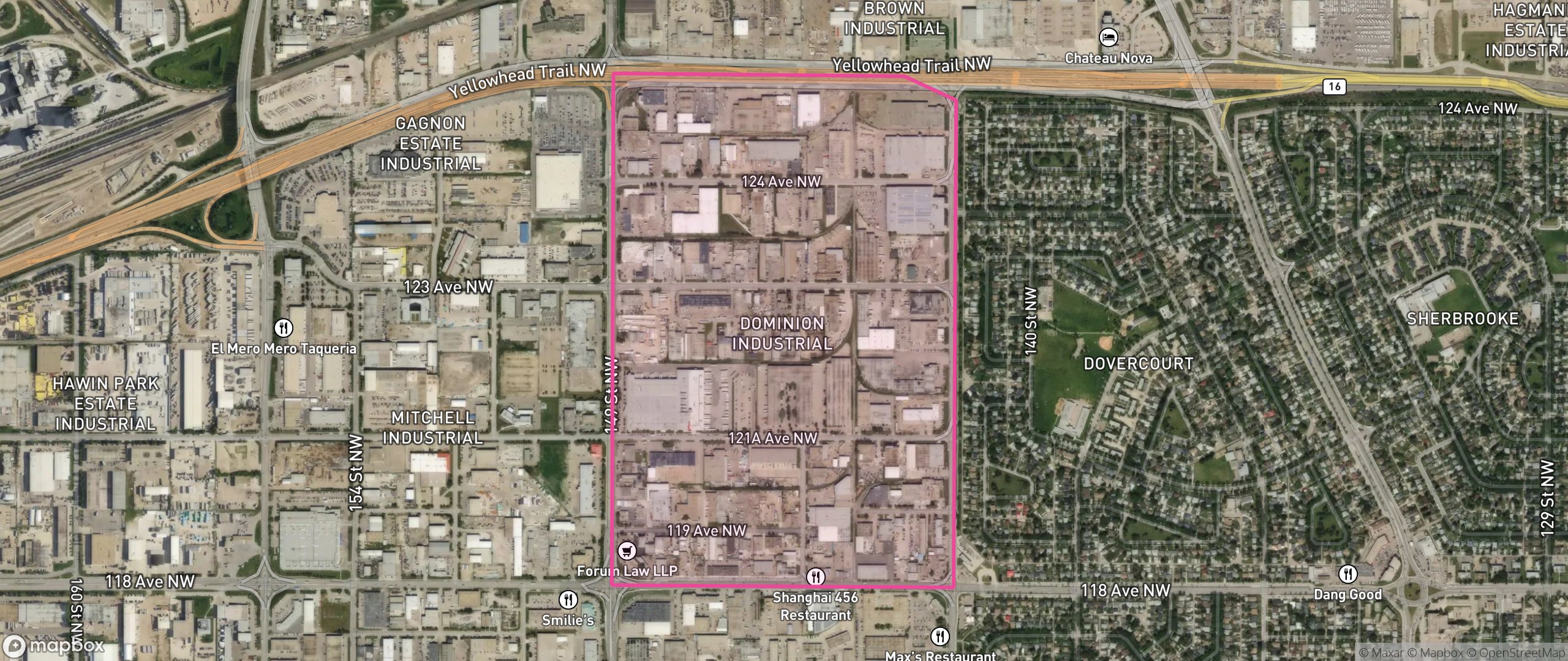 Map of Dominion Industrial, Edmonton showing the community boundary
