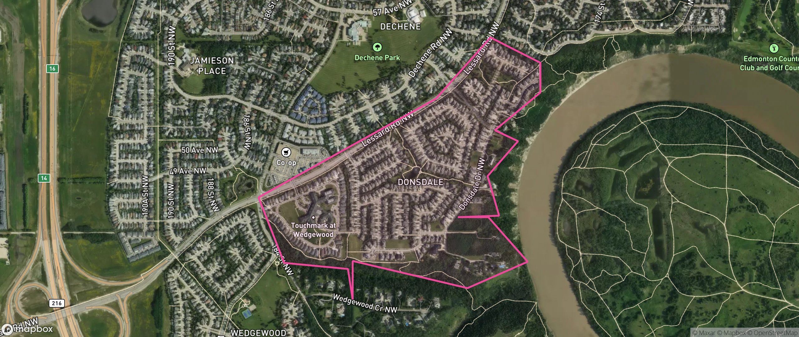 Map of Donsdale, Edmonton showing the community boundary