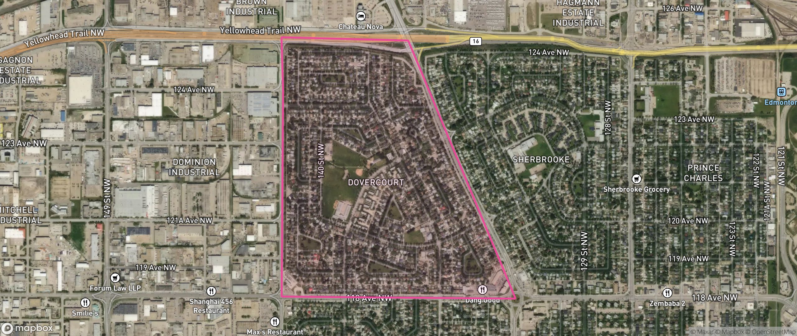 Map of Dovercourt, Edmonton showing the community boundary