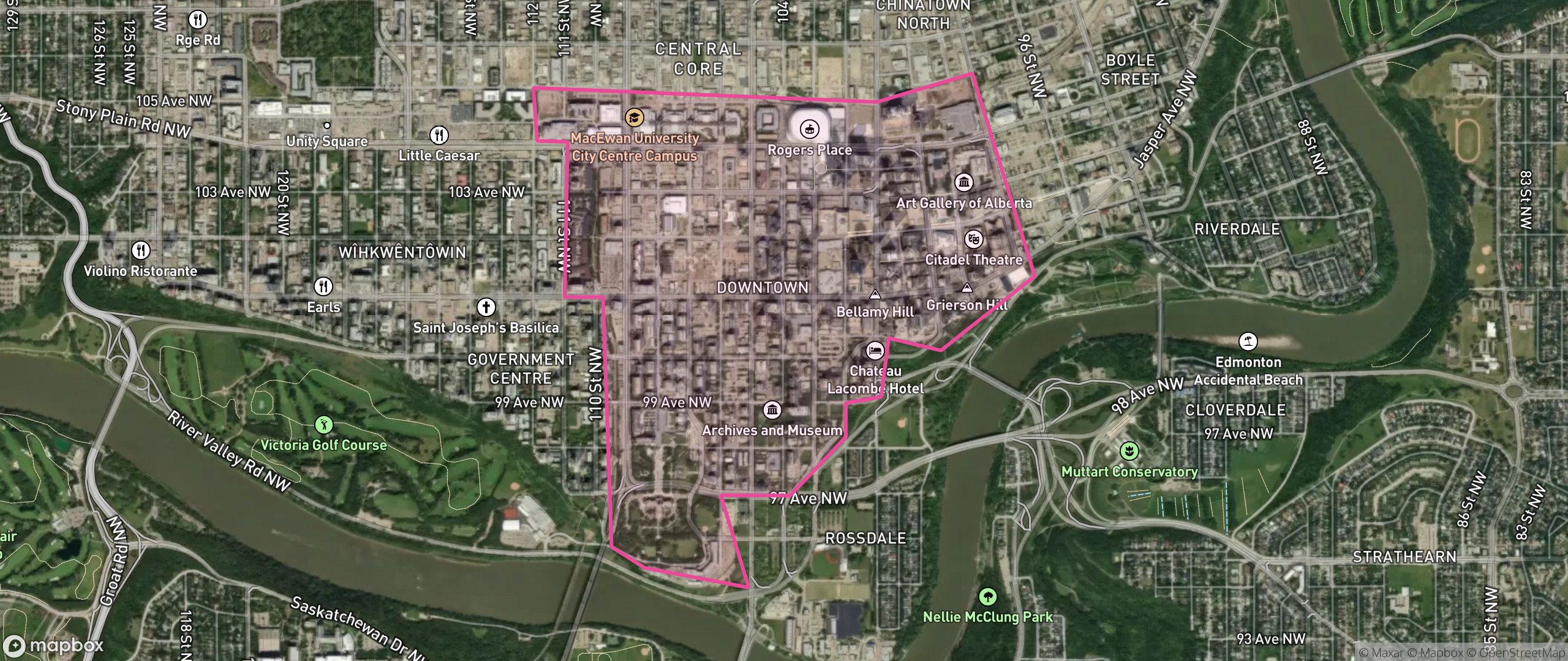 Map of Downtown, Edmonton showing the community boundary