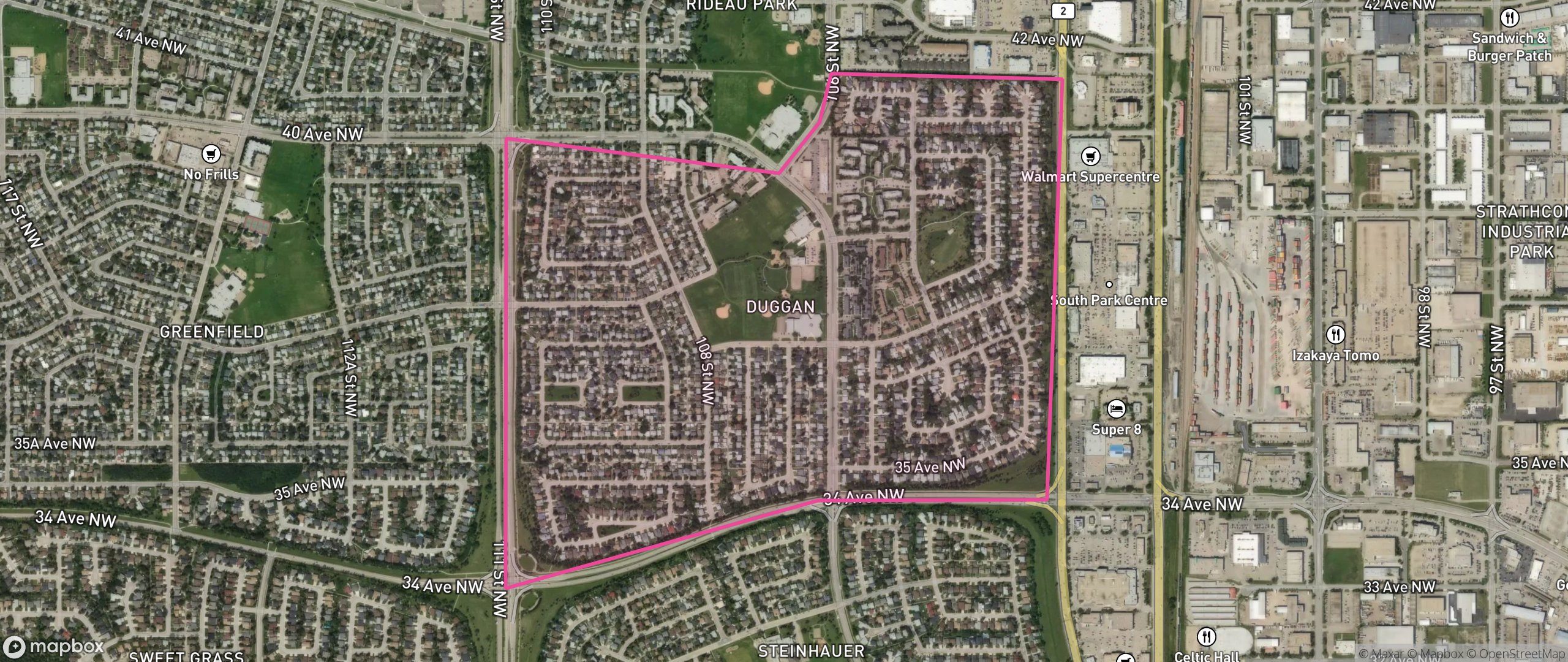 Map of Duggan, Edmonton showing the community boundary