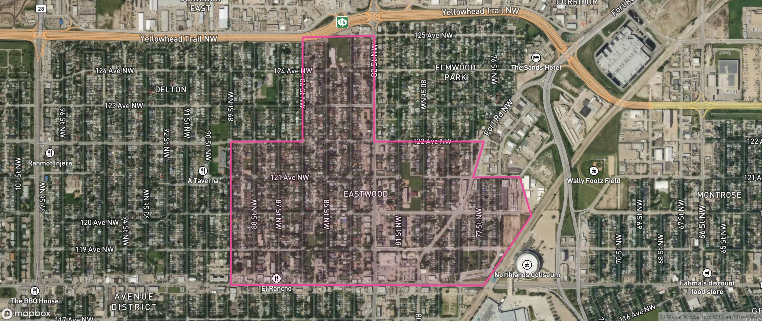 Map of Eastwood, Edmonton showing the community boundary