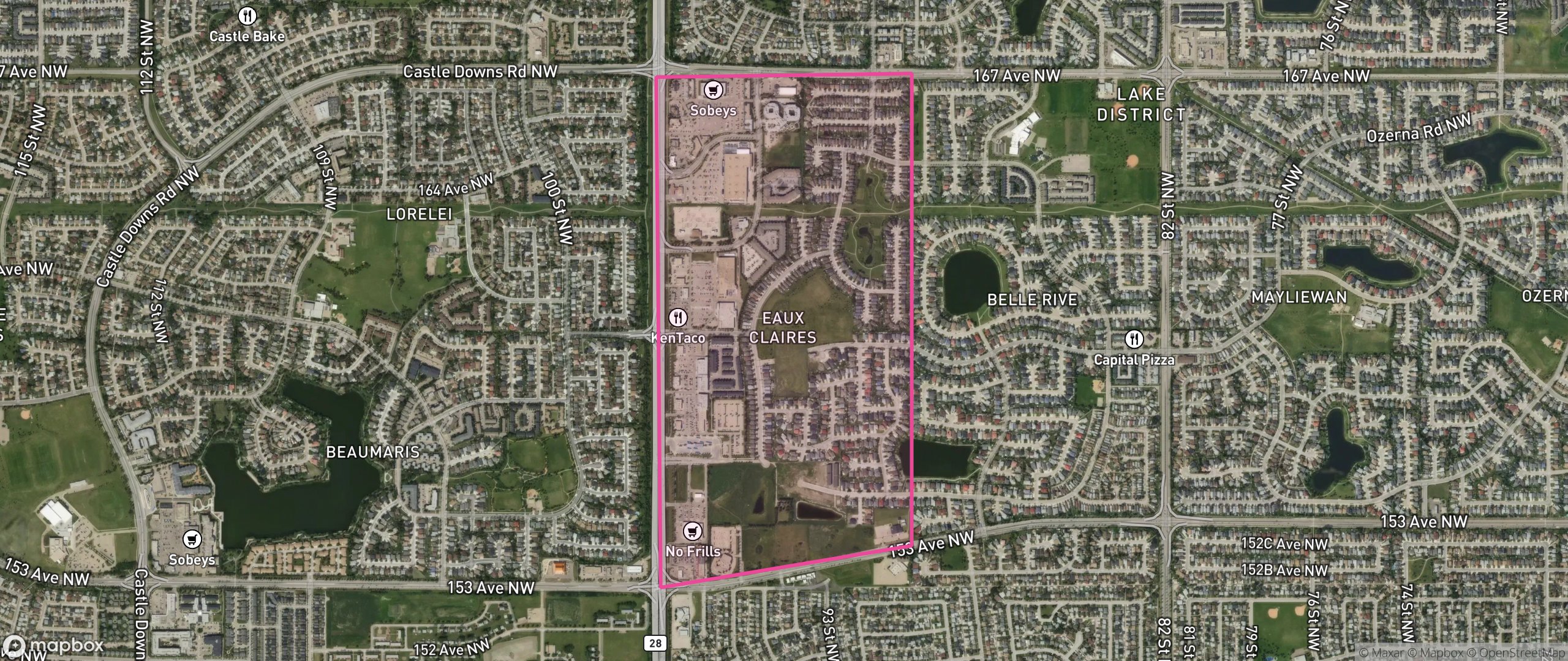Map of Eaux Claires, Edmonton showing the community boundary