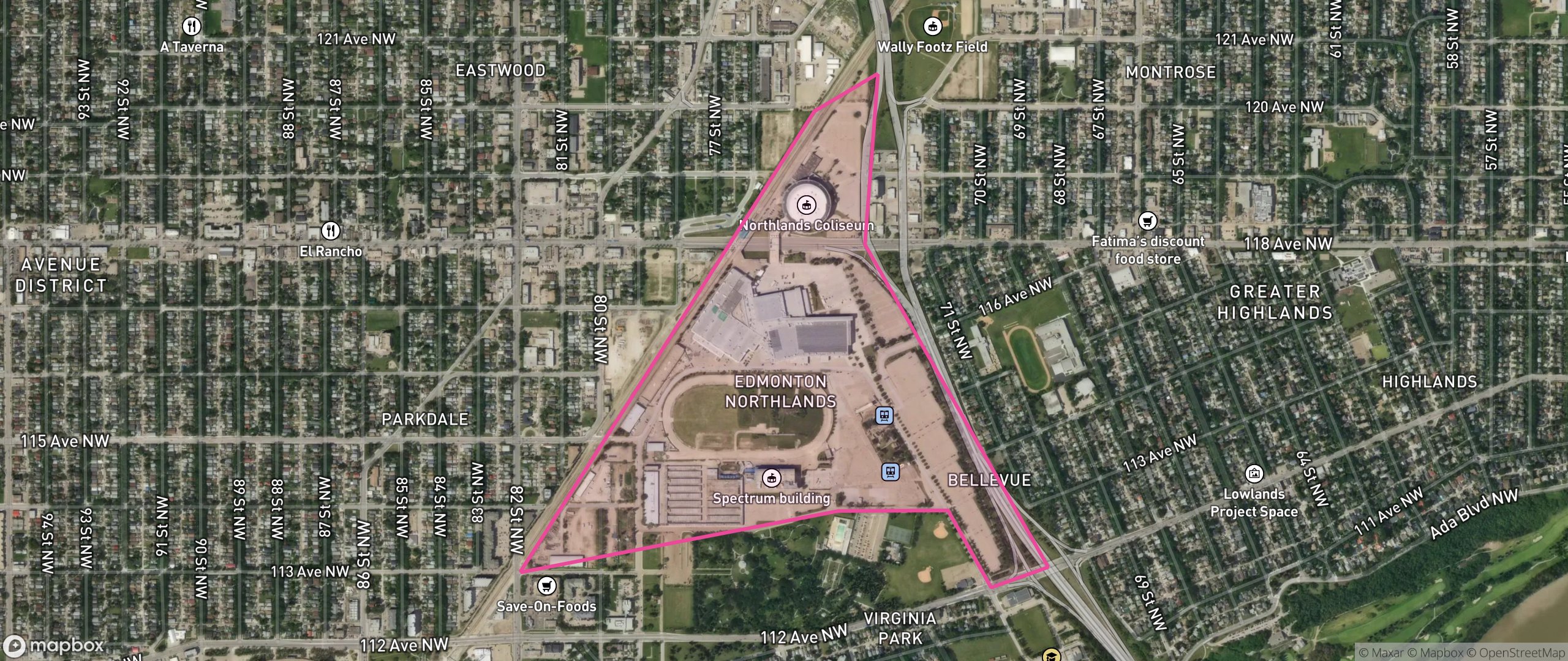 Map of Edmonton Northlands, Edmonton showing the community boundary