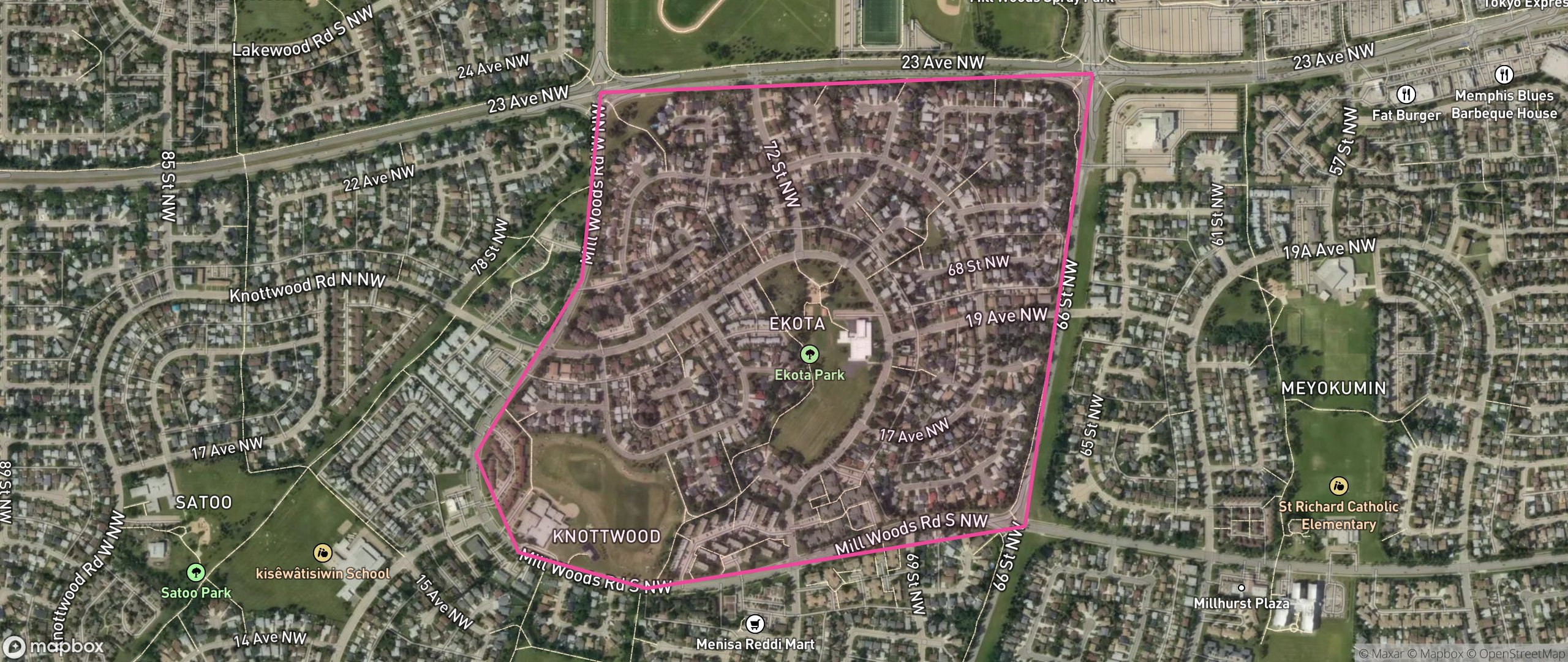 Map of Ekota, Edmonton showing the community boundary