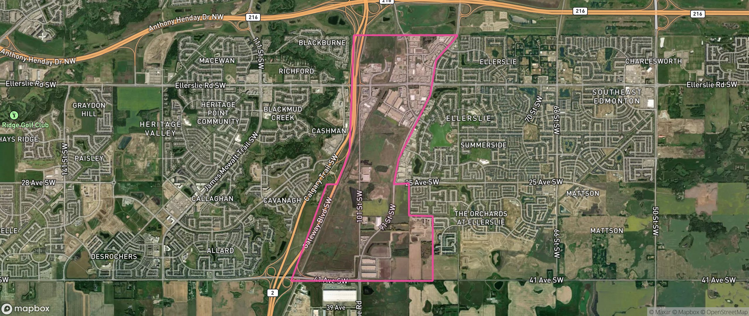 Map of Ellerslie Industrial, Edmonton showing the community boundary