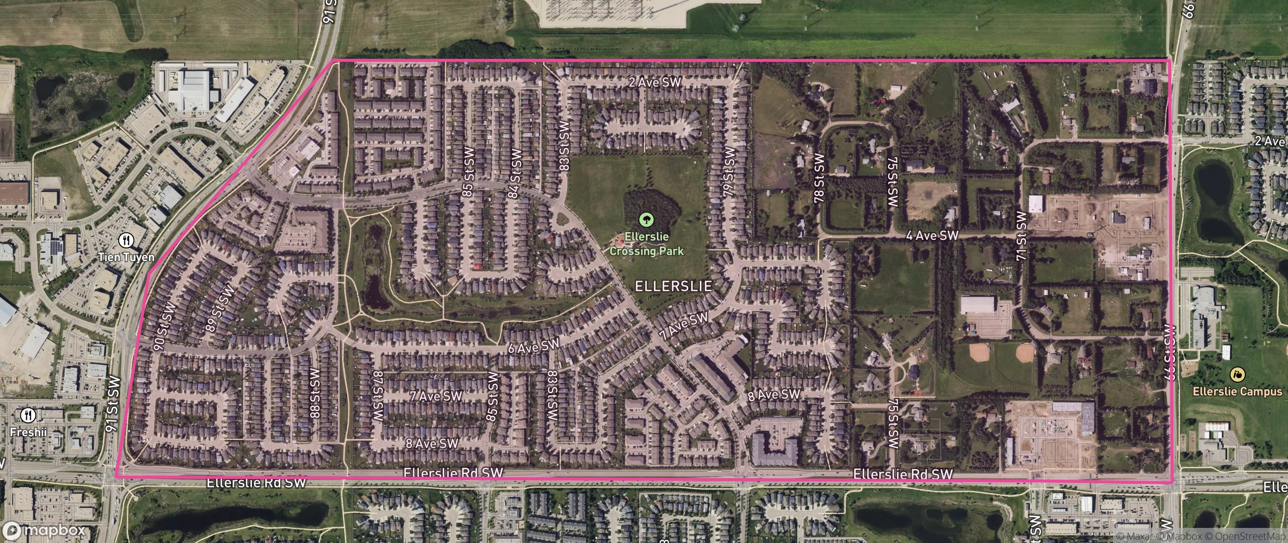 Map of Ellerslie, Edmonton showing the community boundary