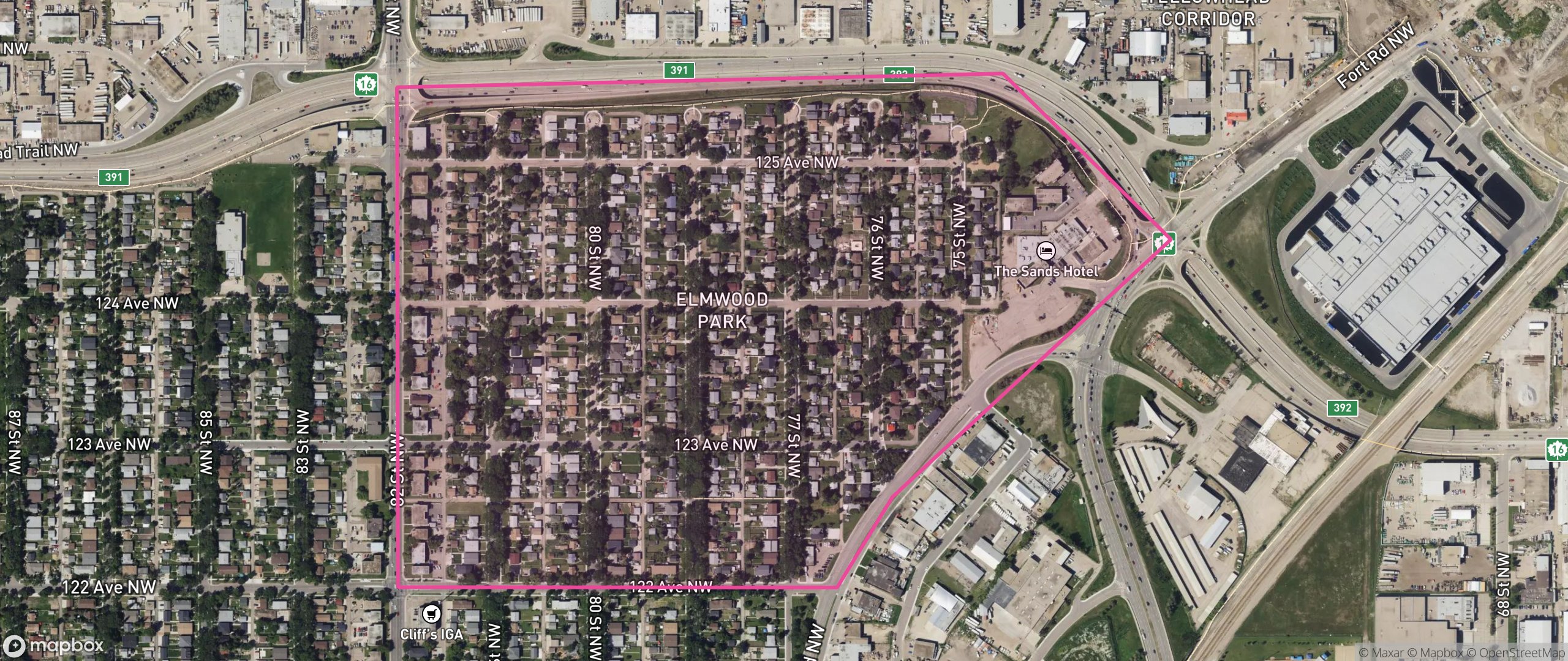 Map of Elmwood Park, Edmonton showing the community boundary