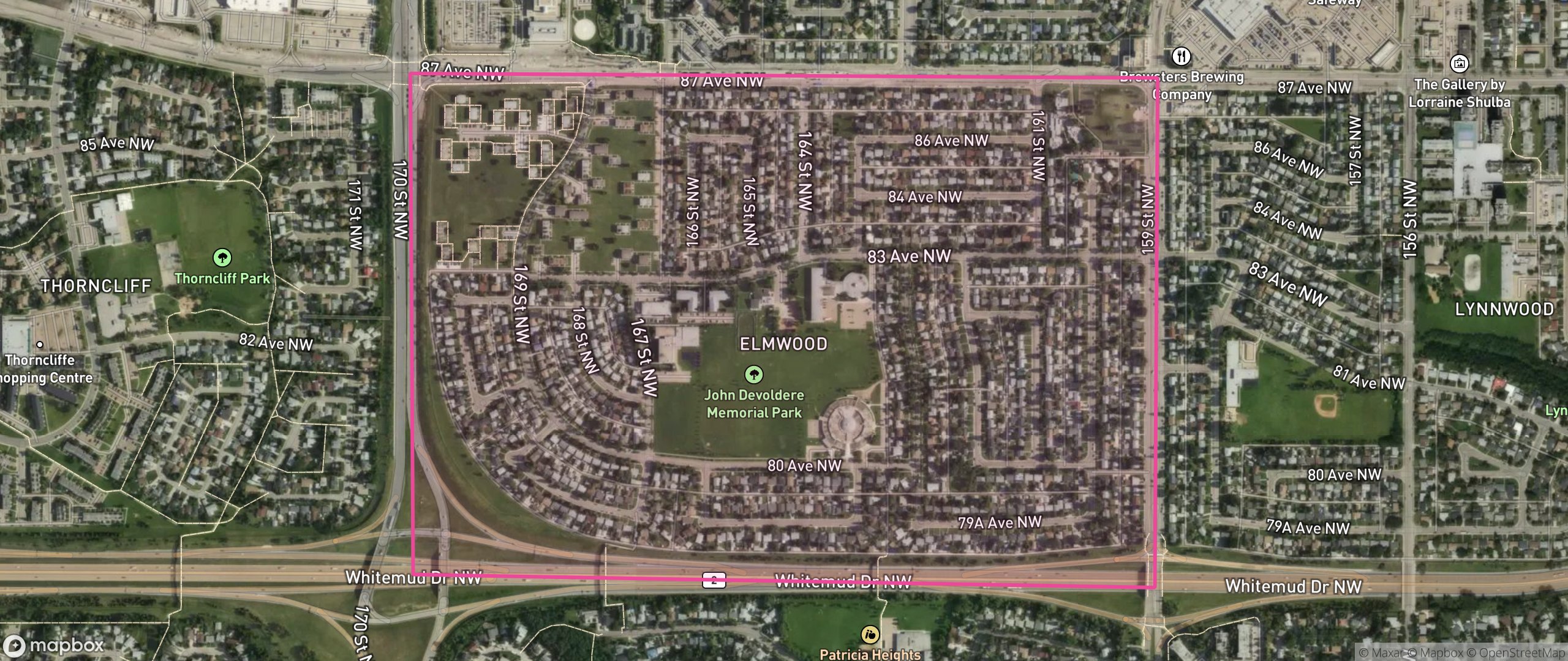 Map of Elmwood, Edmonton showing the community boundary