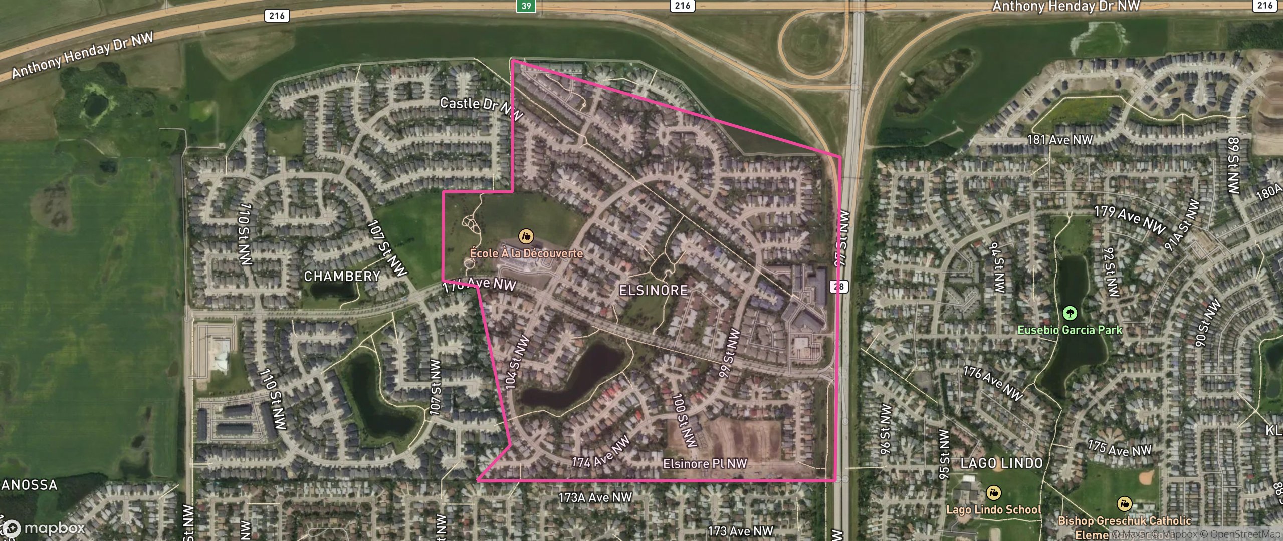 Map of Elsinore, Edmonton showing the community boundary