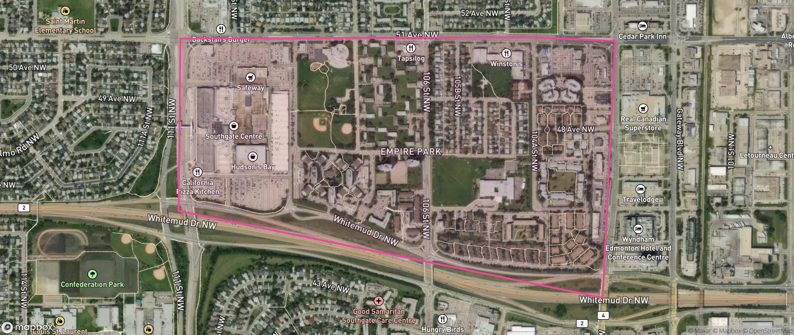 Map of Empire Park, Edmonton showing the community boundary
