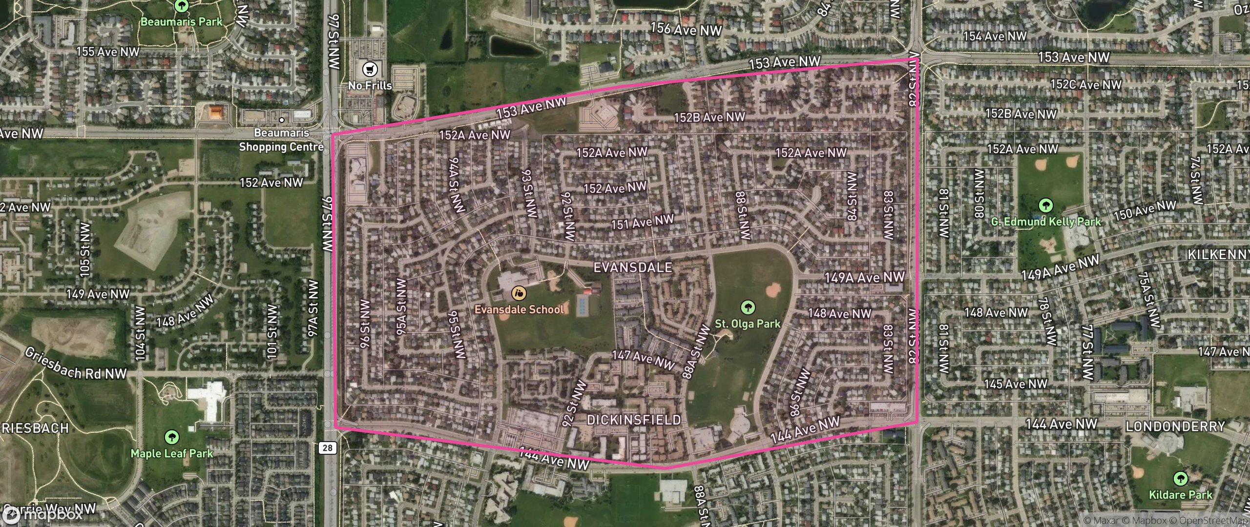 Map of Evansdale, Edmonton showing the community boundary