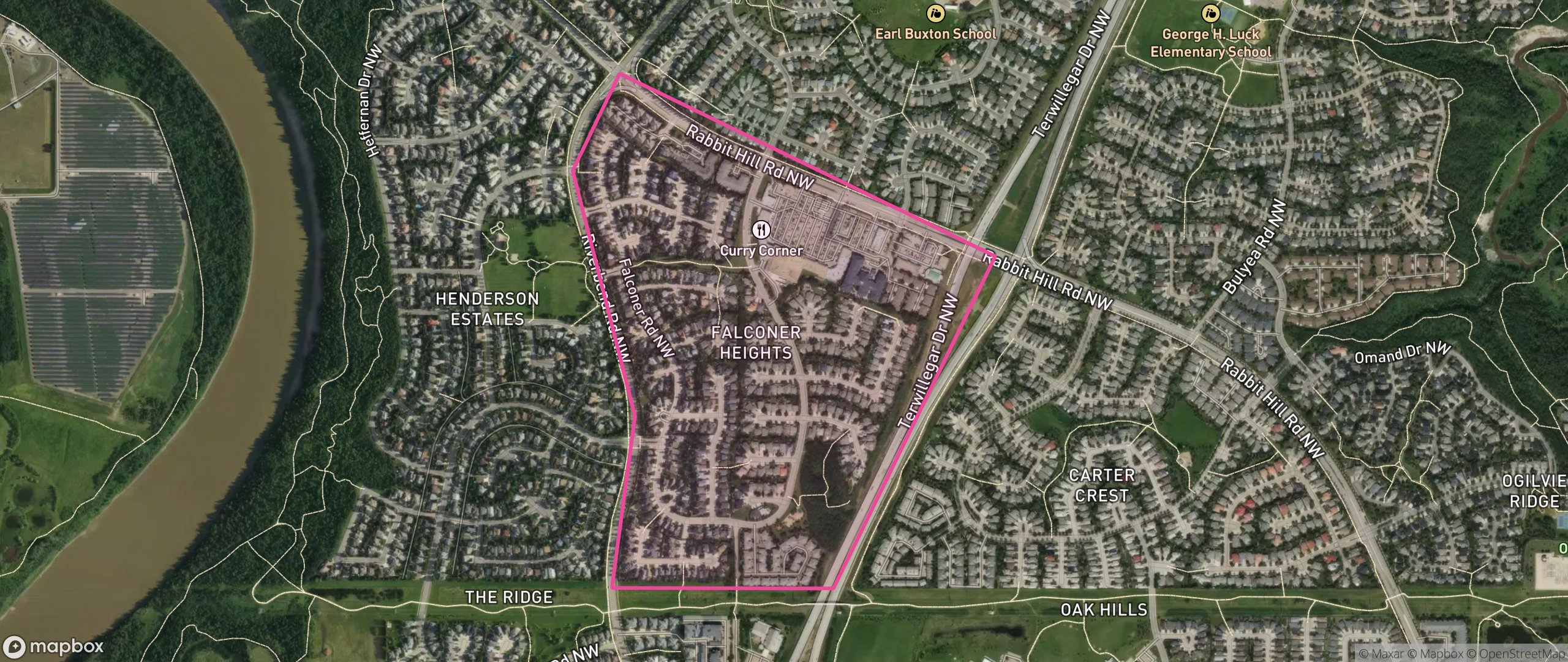 Map of Falconer Heights, Edmonton showing the community boundary