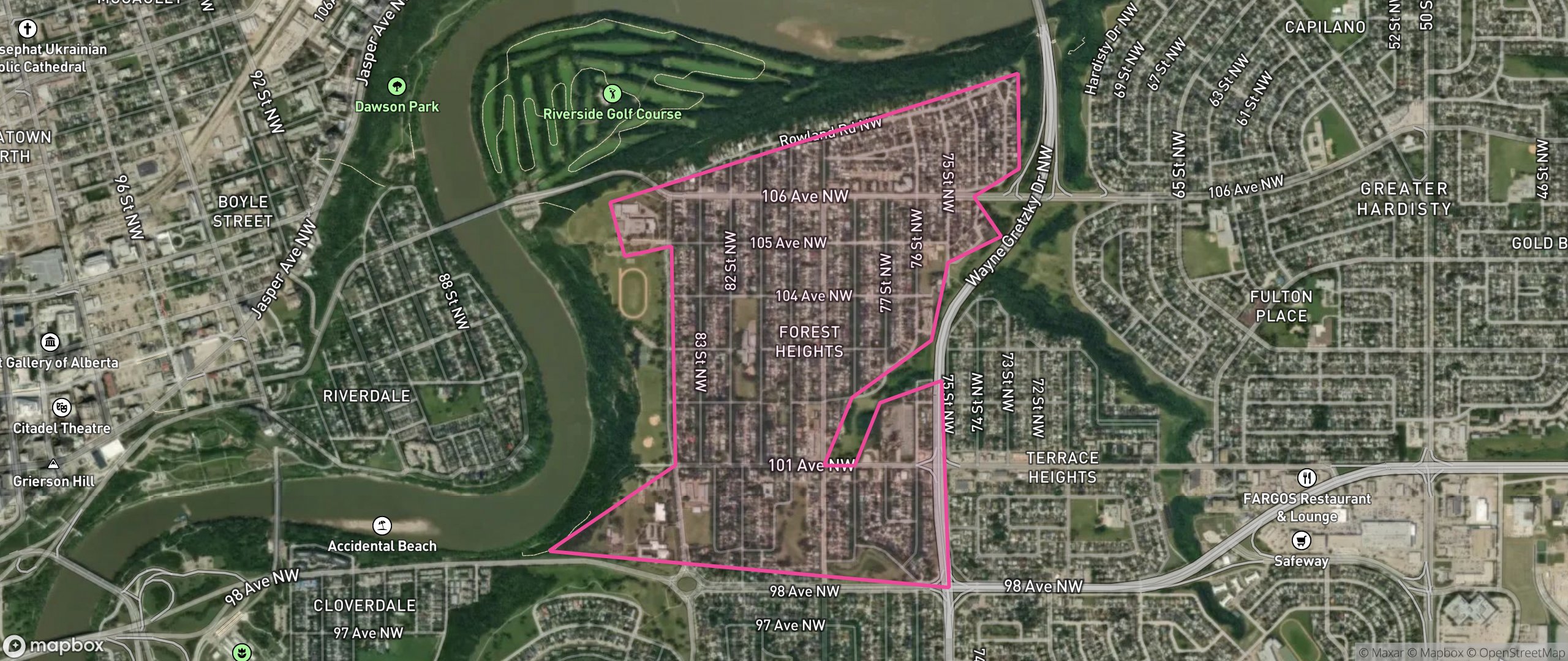 Map of Forest Heights, Edmonton showing the community boundary