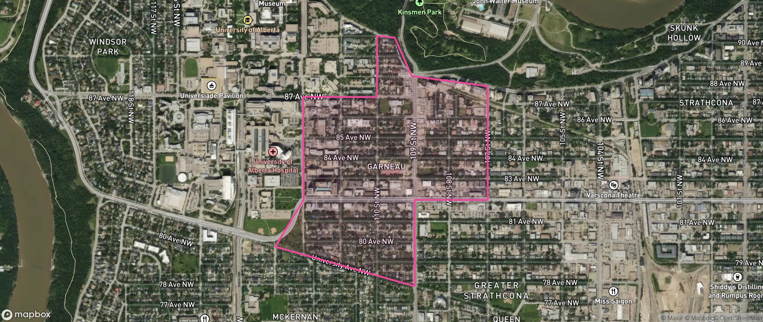 Map of Garneau, Edmonton showing the community boundary